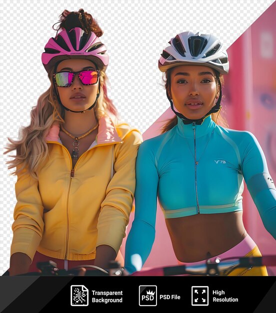 Two sporty friends with their bikes outdoors one wearing a gray helmet and the other a pink helmet stand in front of a pink wall the girl has long hair and wears a png psd