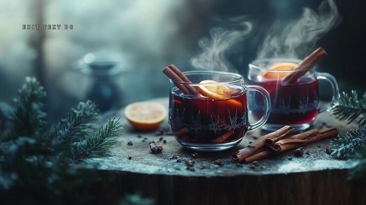 PSD two steaming mugs of mulled wine with cinnamon sticks and orange slices on a rustic wooden surface