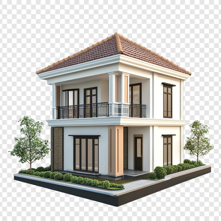 PSD two story house modern design brown roof balcony landscaping