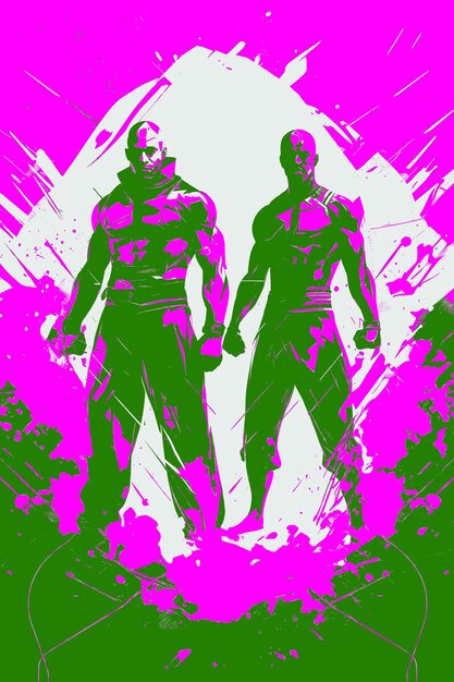 Два супергероя в розовом и зеленом с словами 