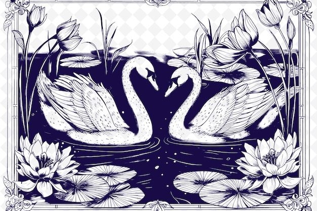 PSD two swans in a pond with flowers and butterflies