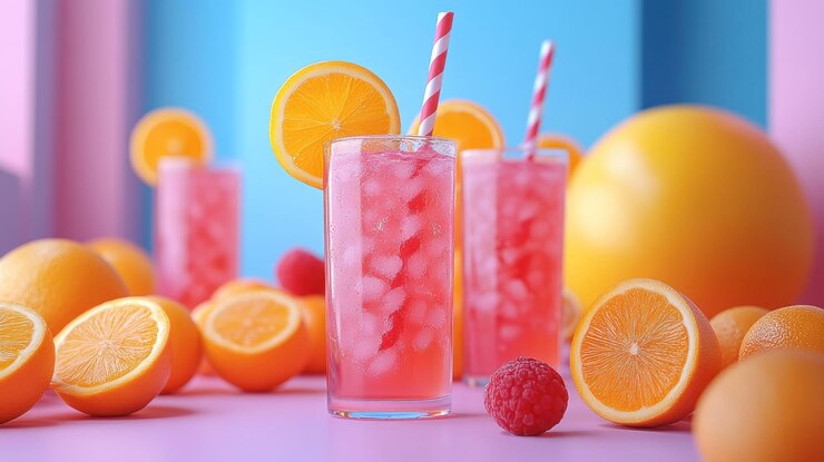 PSD two tall glasses of pink lemonade with ice cubes garnished with orange slices and raspberries surrounded by oranges and a yellow ball on a pink table with blue and pink background