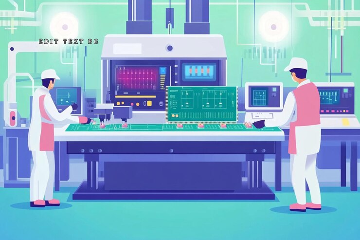 PSD two technicians operate advanced machinery in a hightech factory assembling circuit boards