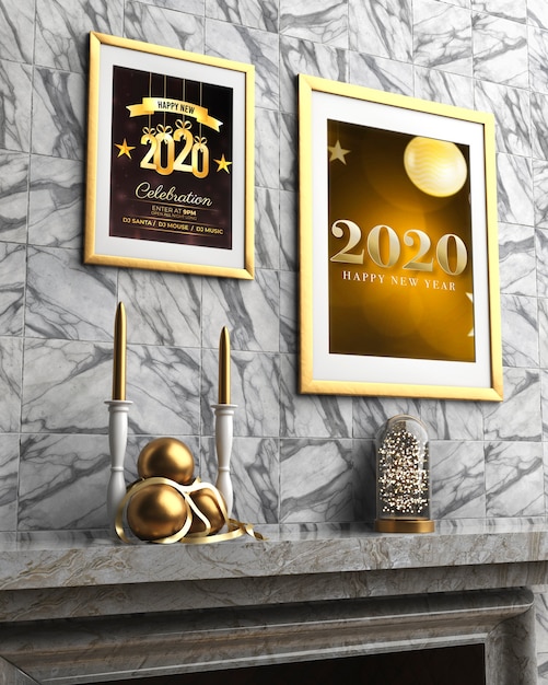 Two thematic frames on wall for new year night