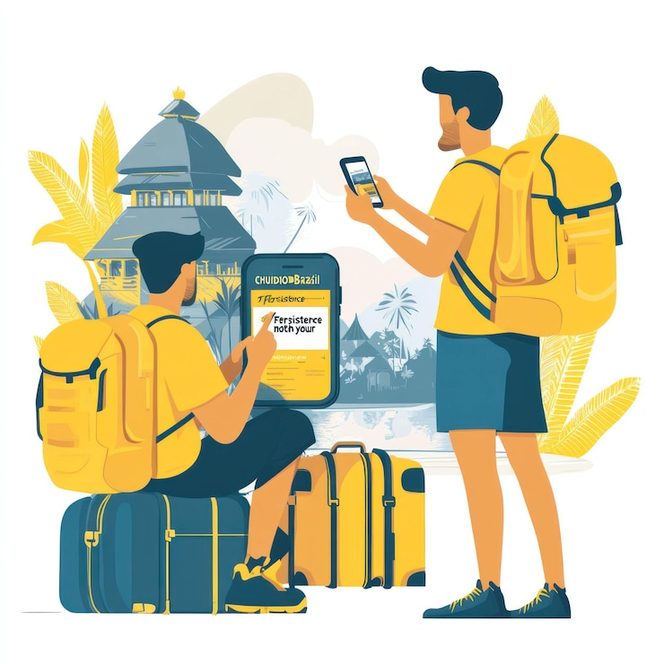 PSD two tourists using smartphone to plan trip backpacks luggage temple background
