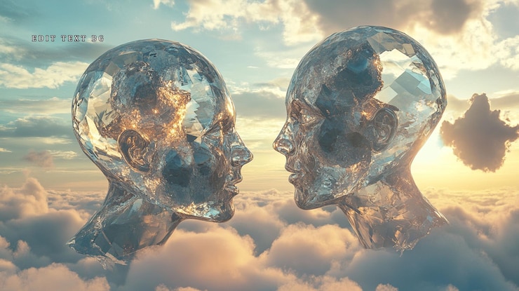 PSD two translucent glass heads facing each other above clouds at sunset