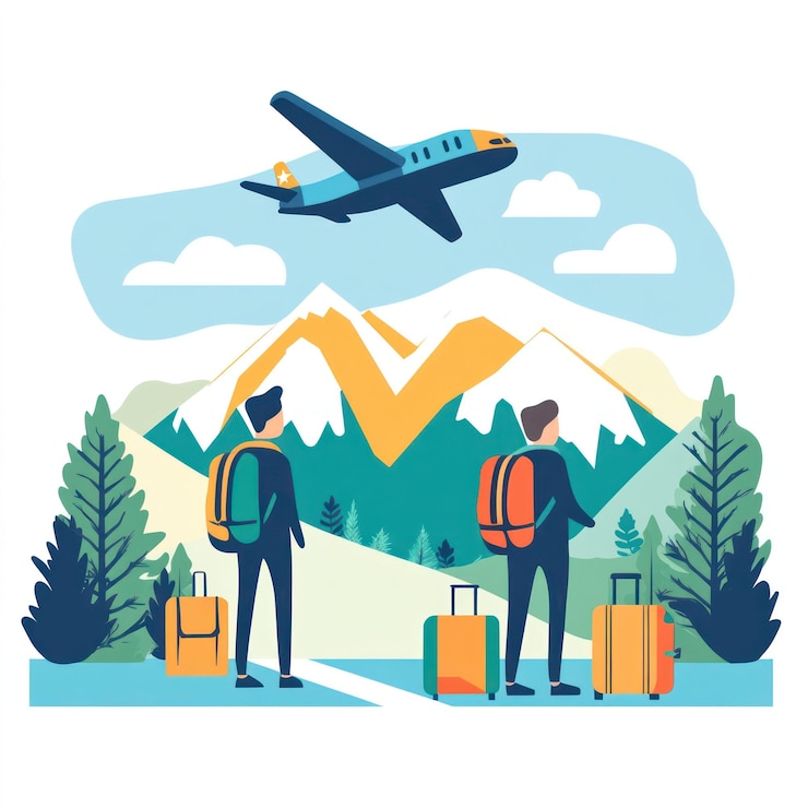 PSD two travelers with luggage watch a plane fly over mountains