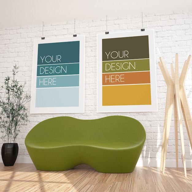 PSD two vertical hanging posters mockup in modern interior