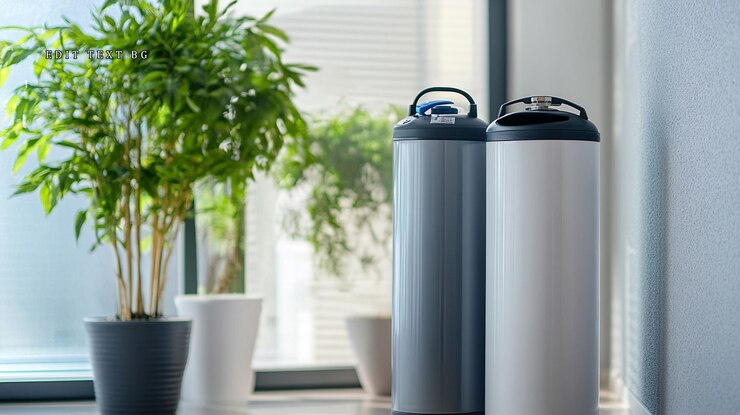 PSD two water filter tanks beside a plant near a window