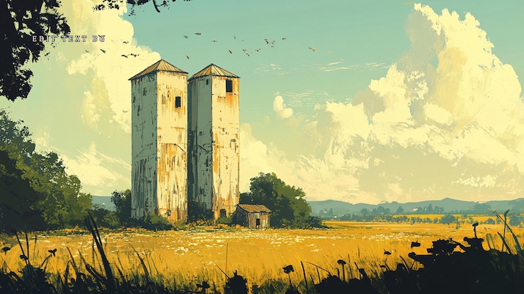 PSD two weathered silos stand in a sundrenched field birds fly overhead a small building nearby under a partly cloudy sky