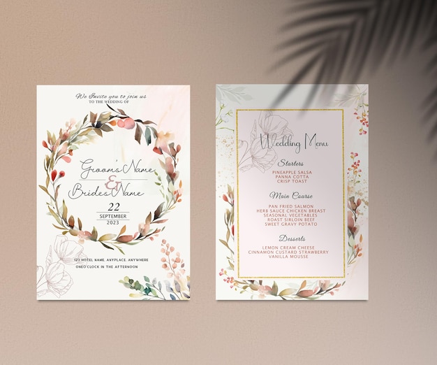 Two wedding invitations are displayed on a wall.