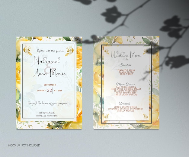 Two wedding invitations with yellow flowers and the word wedding on them.