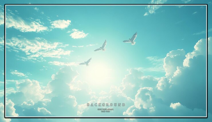 PSD two white birds fly against a blue sky with white fluffy clouds