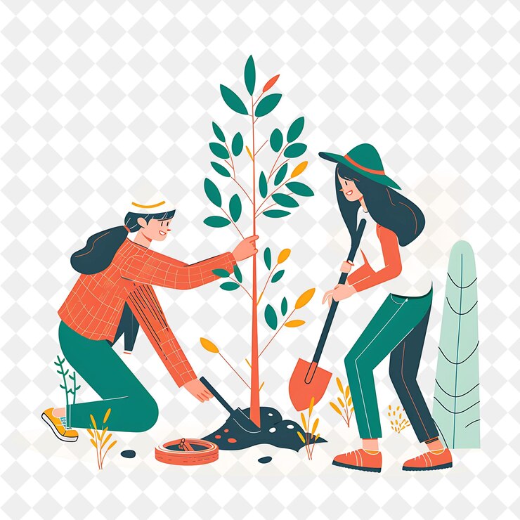 PSD two women planting a tree in a square with a woman shoveling soil