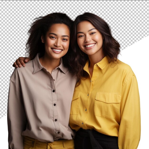 PSD two women pose for a photo with one wearing a yellow shirt