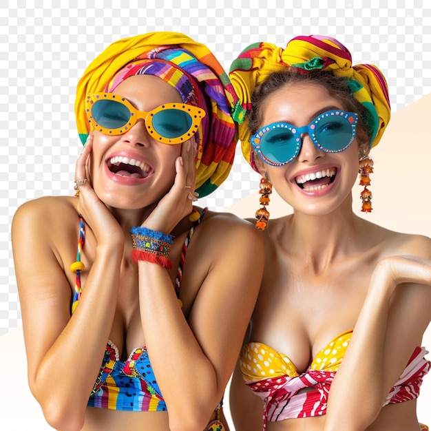two women wearing colorful swimwear and one wearing a colorful top
