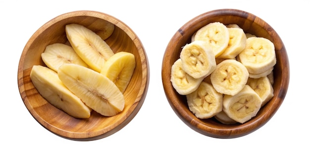 two wooden bowls with bananas and the word i  m on them
