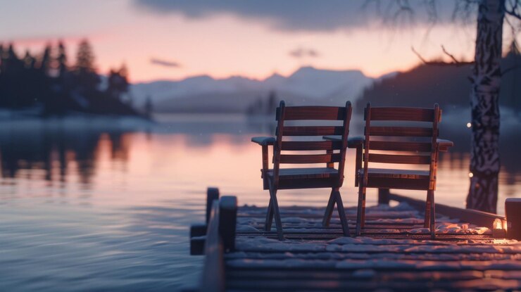 PSD two wooden chairs on snowy dock overlooking serene winter lake at sunset