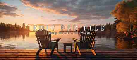 PSD two wooden chairs on a wooden pier overlooking a lake at sunset