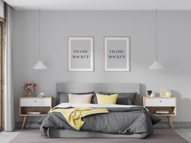 Two wooden frames mockup in bright bedroom