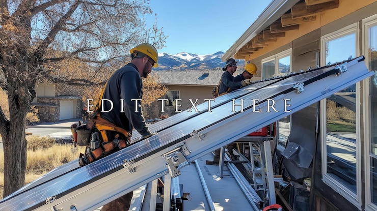 PSD two workers installing solar panels on a house roof mountains in the background