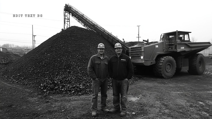 PSD two workers stand proudly beside a large pile of coal and a dump truck at a mining site