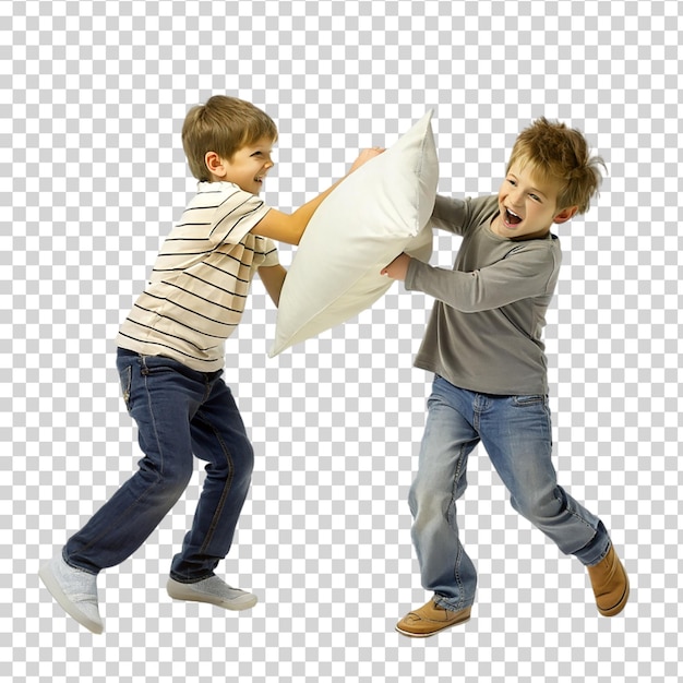 Two young boys playfully a pillow on transparent background