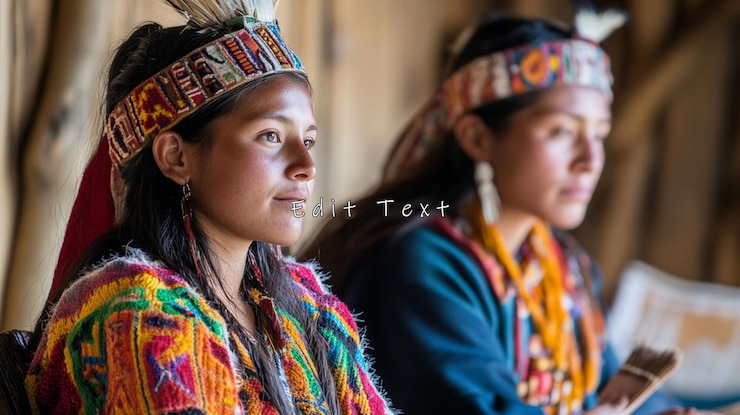 PSD two young indigenous women in traditional colorful attire gazing thoughtfully