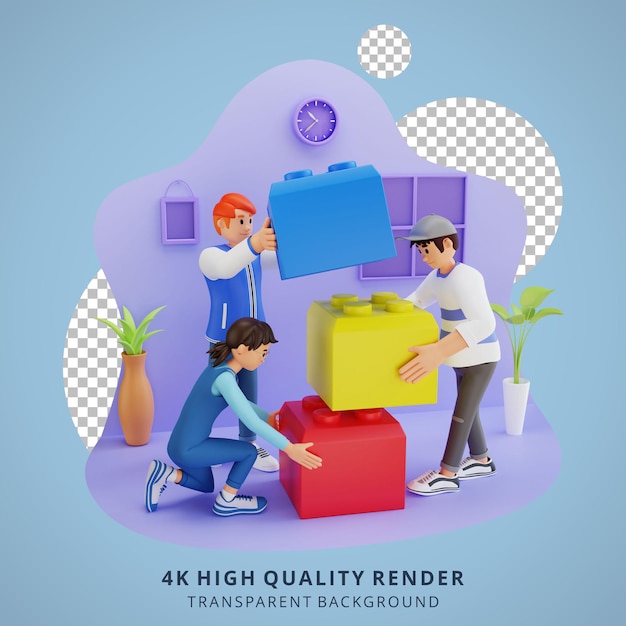 PSD two young men and one young woman working together 3d character illustration