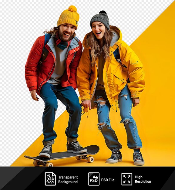 PSD two young people feeling excited while riding a skateboard in front of a yellow wall the man on the left wears a red jacket and blue jeans while the man on the right wears png