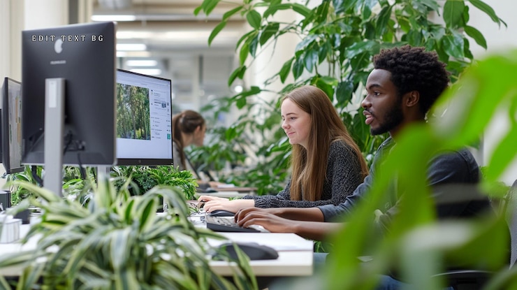 PSD two young professionals working on computers in a modern plantfilled office