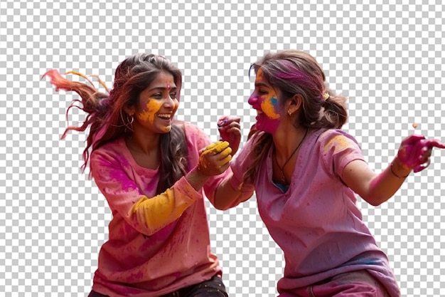 PSD two young woman playing and enjoying with colorful powder