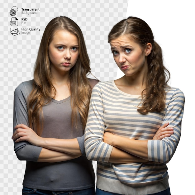 PSD 두 젊은 여자 가 팔 을 고 의심 스러운 표정 으로 나란히 서 있다