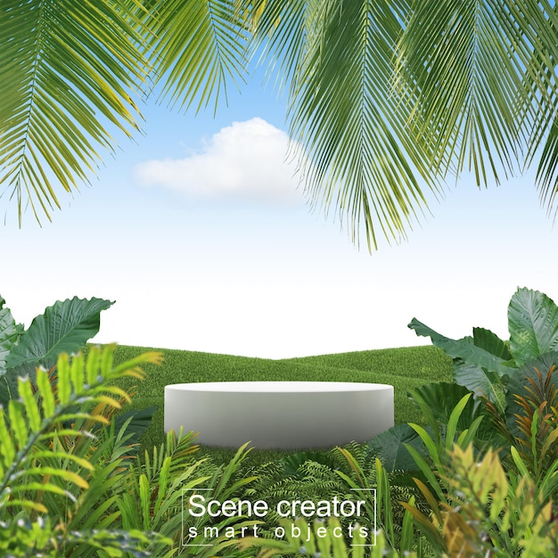 PSD twórca sceny białej platformy na polu trawy z pierwszym planem drzewa