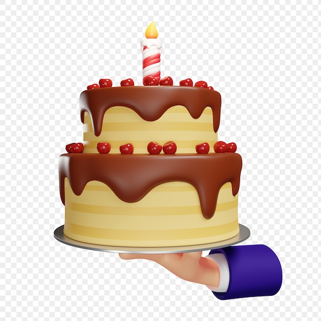 PSD twotier birthday cake in chocolate glaze in hand isolated 3d illustration