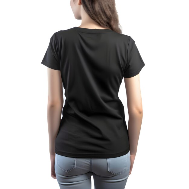 PSD tylny widok kobiety w pustej czarnej koszulce izolowanej na białym