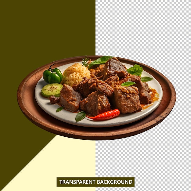 Typical indonesian rendang served beautifully transparent background