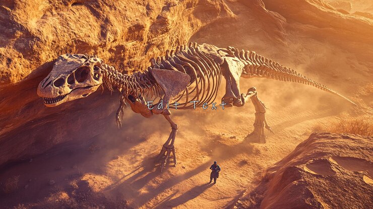 PSD tyrannosaurus rex skeleton in desert canyon