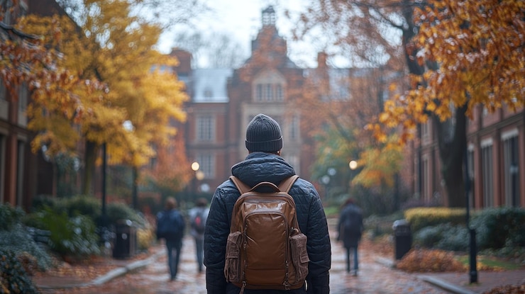 PSD uczeń z plecakiem idzie w kierunku starego budynku uniwersyteckiego jesienią z innymi studentami idącymi w tle