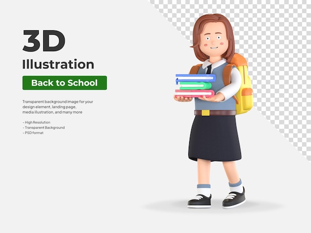 Uczennica szkoły trzymająca książki 3D ilustracja kreskówka