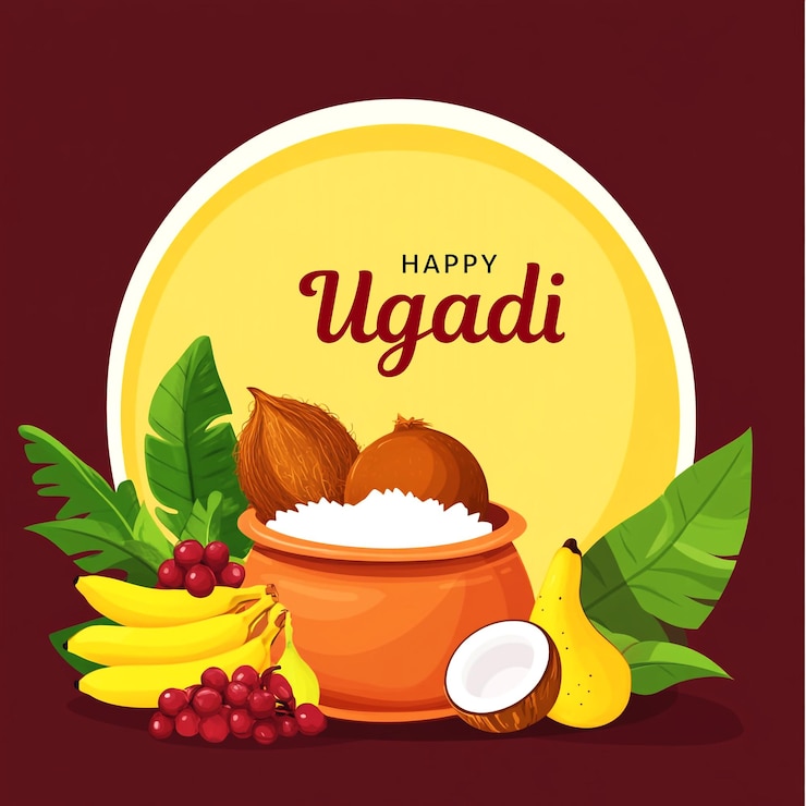 PSD ugadi special design with green leaves and kalash