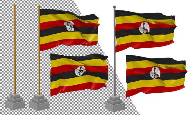 PSD uganda flag waving different style with stand pole isolated 3d rendering