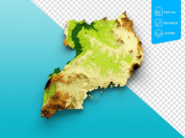 PSD uganda map shaded relief color height map on isolated background 3d illustration