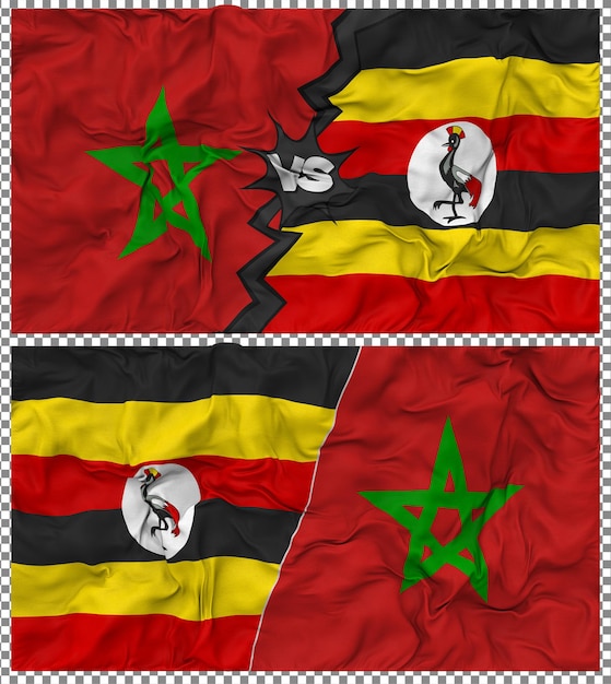 Uganda versus Marokko Halve gecombineerde vlag Cloth Bump Texture 3D Rendering