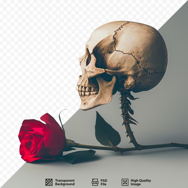 PSD ugryzienie czaszki czerwona róża widziana z boku z szarym izolowanym tłem