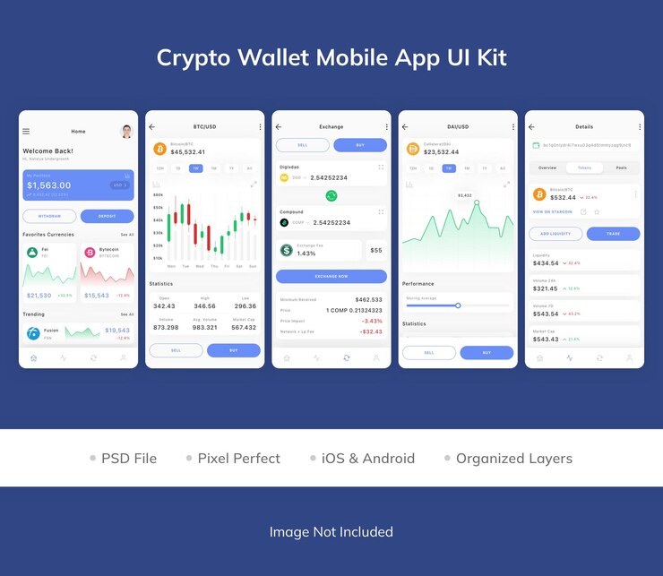 PSD ui-kit for krypto-lommebok-mobilapp