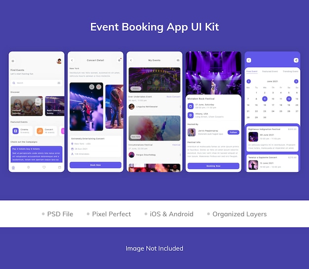 PSD ui-kit voor app voor evenementboeking