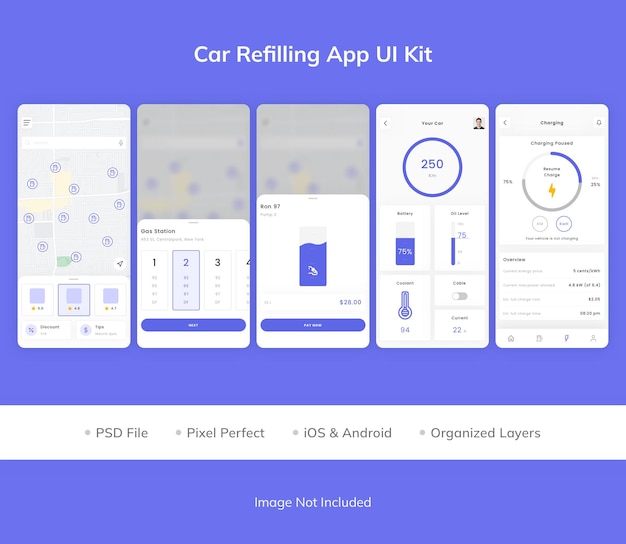 PSD ui-kit voor app voor het bijvullen van auto's