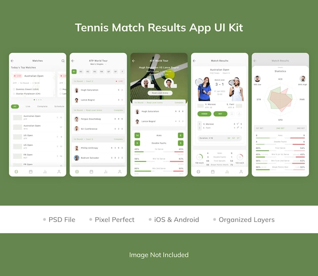 PSD ui-kit voor app voor resultaten van tenniswedstrijd