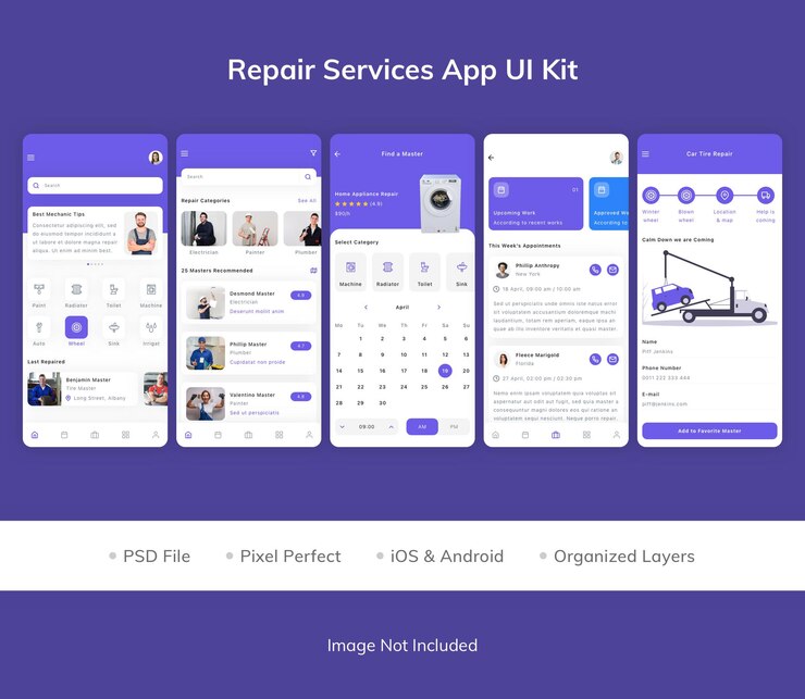 PSD ui-kit voor reparatieservices